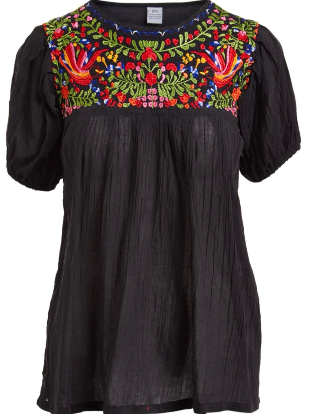 🐦‍🔥Raj Imports Selena Black Embroidered Peasant Cotton Top - Floral with Birds
